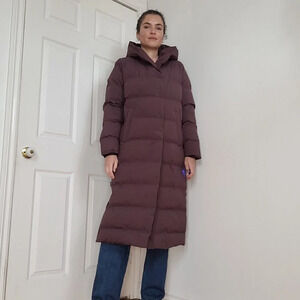 Frank & Oak long burgundy puffer coat with oversized hood